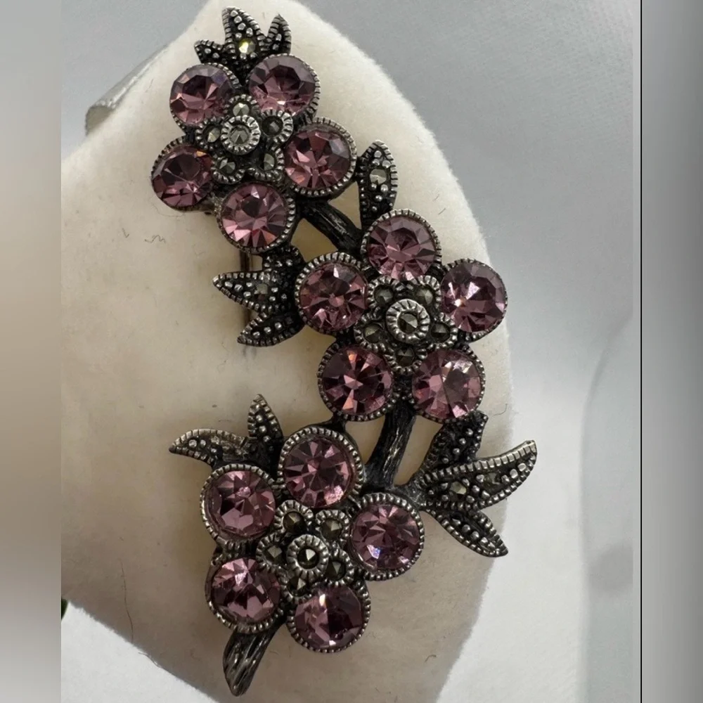 Vintage Pink Crystal Flower‎ Brooch Sterling Silver 925 Marcasite Pin 1950’s